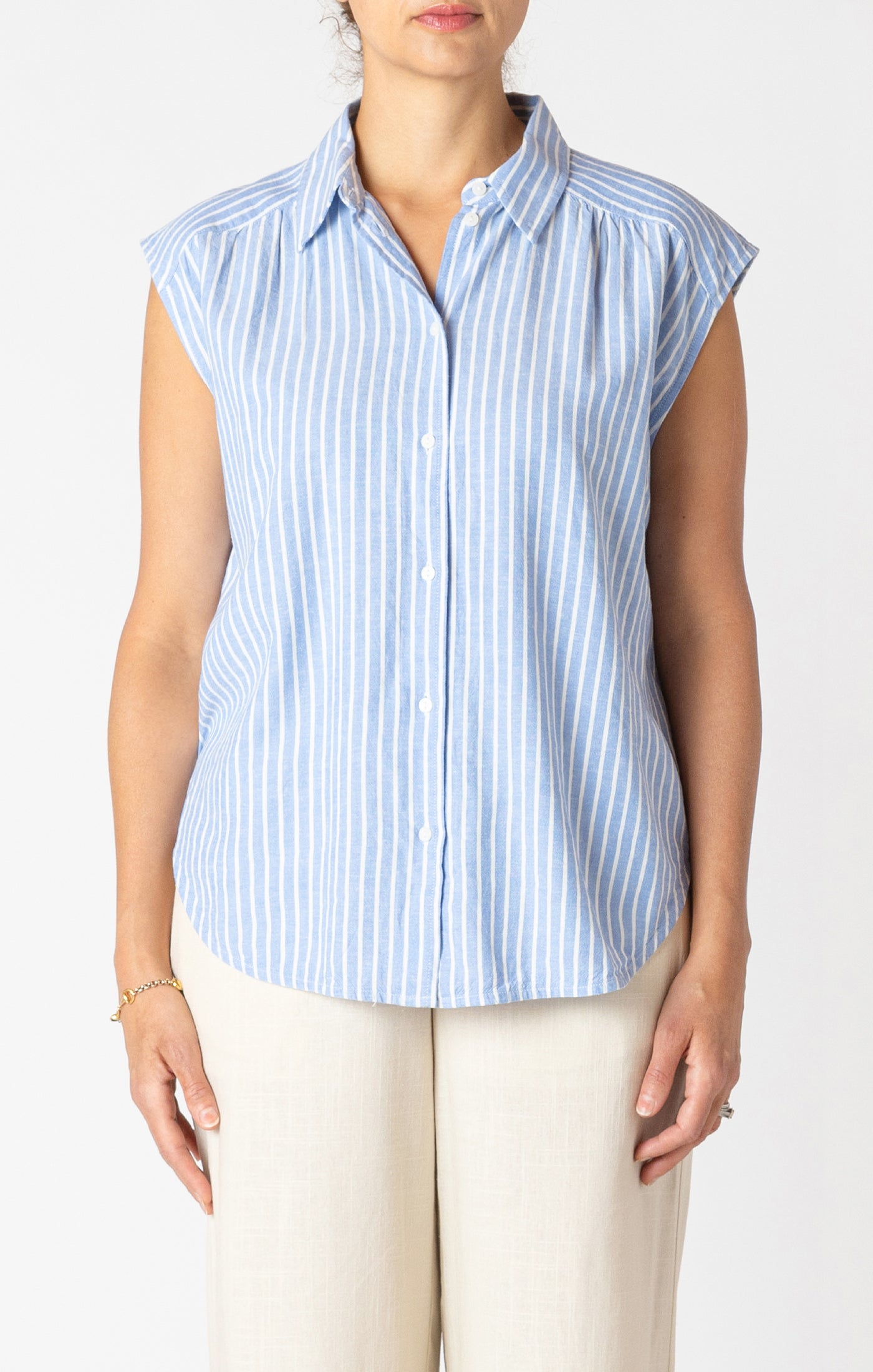 Capped Sleeve Collared Stripe Tank