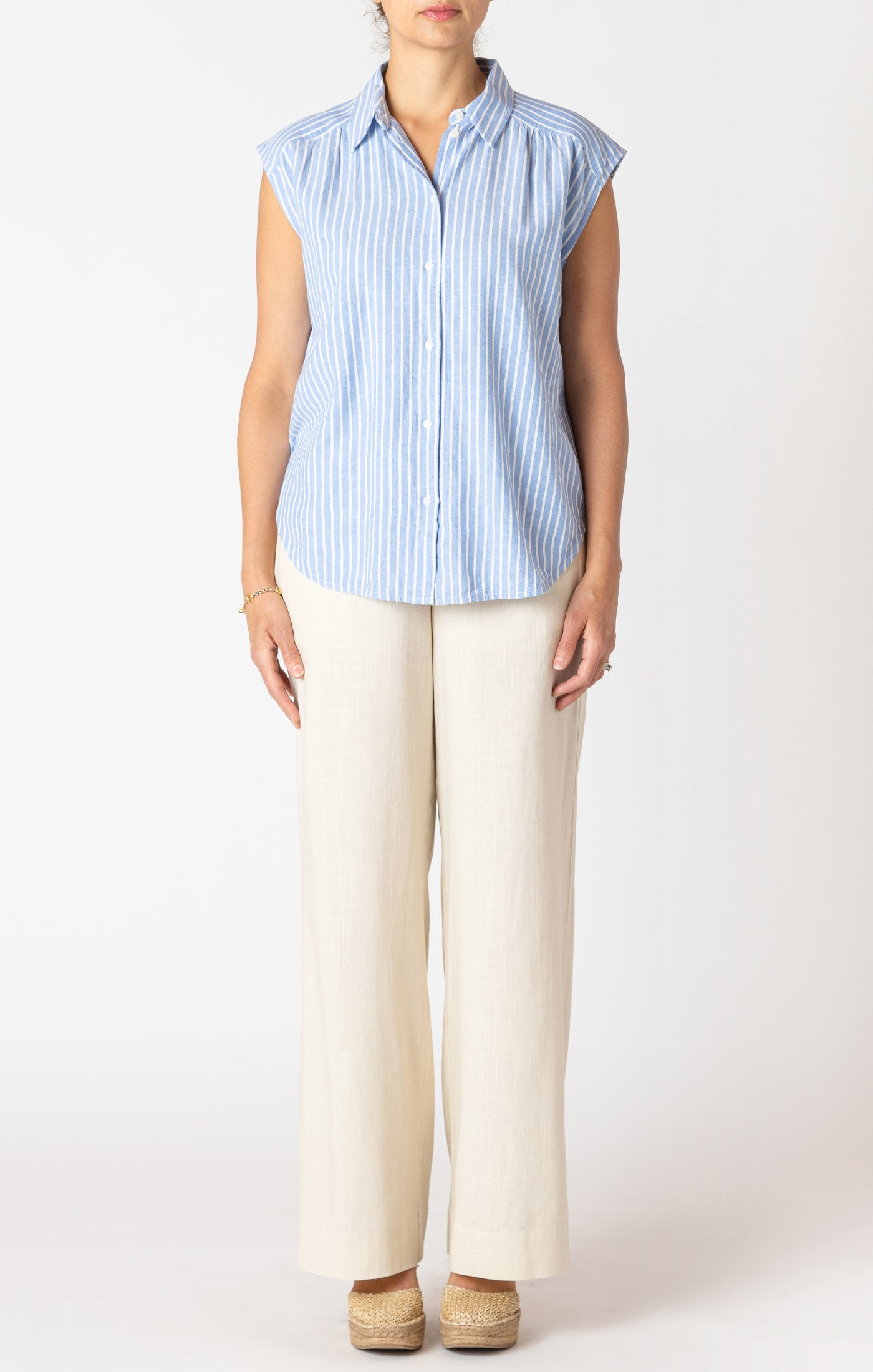 Capped Sleeve Collared Stripe Tank