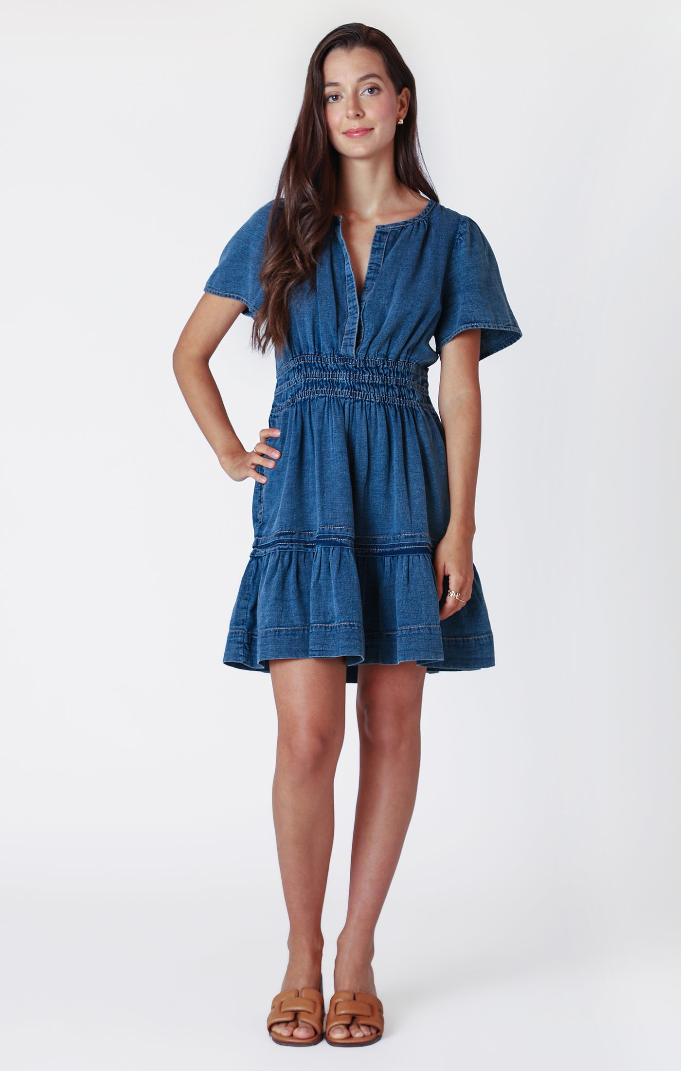 TIERED DENIM MINI DRESS