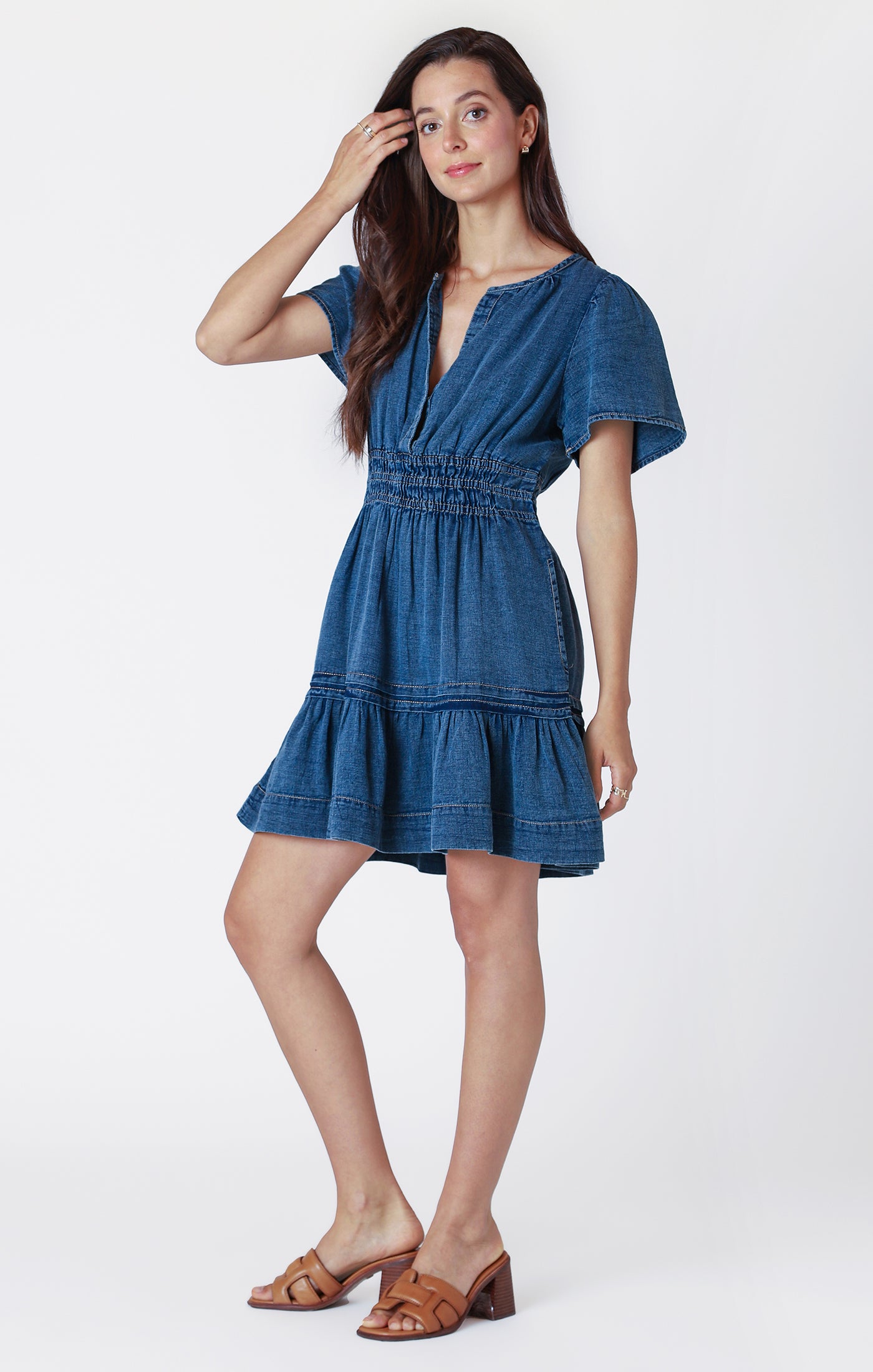 TIERED DENIM MINI DRESS