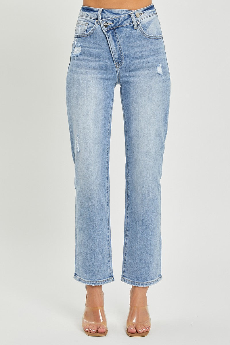 HIGH RISE CROSSOVER TAPERED JEANS