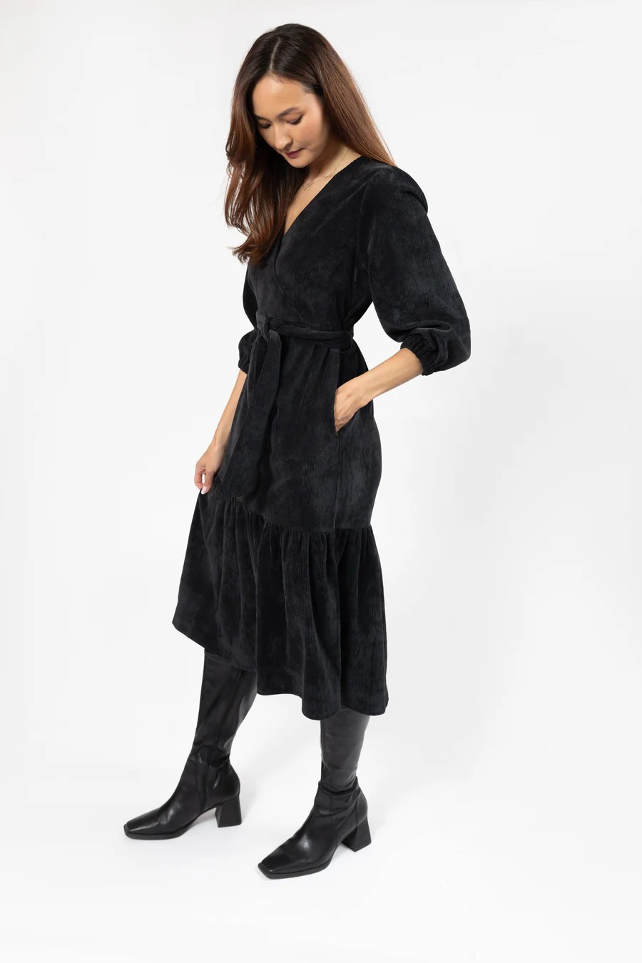 Calista Corduroy Midi Dress in Soft Black