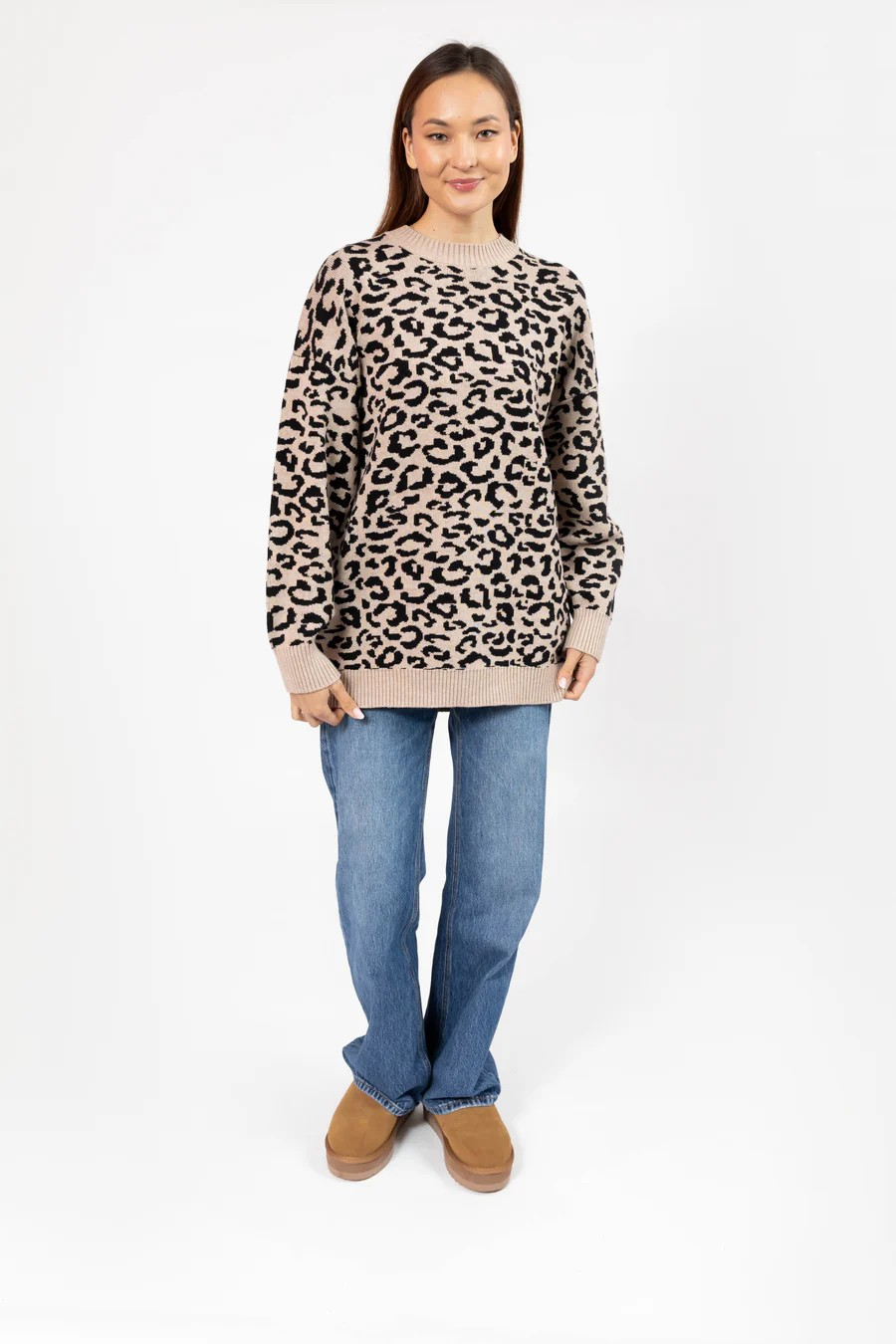 Leopard Long Sweater in Taupe/Midnight Black