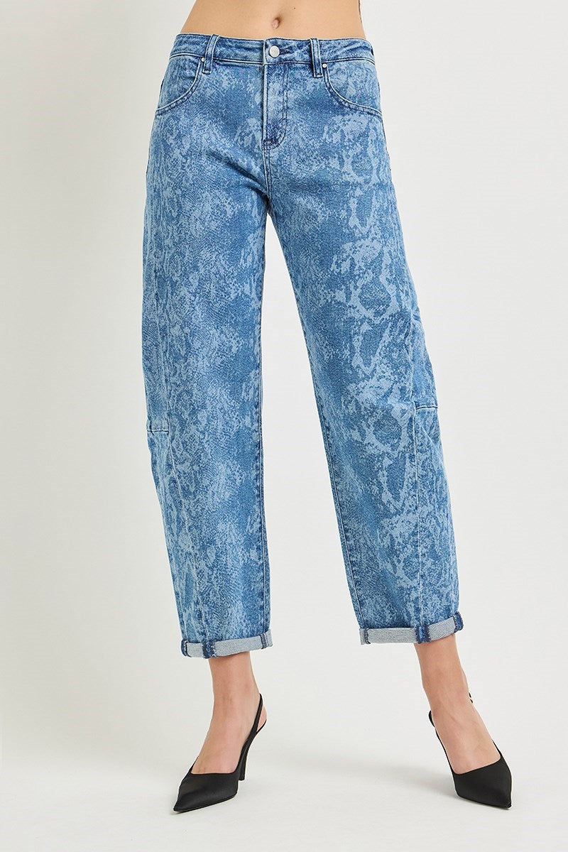 Risen Slouchy Crop Barrel Snake Print Jean