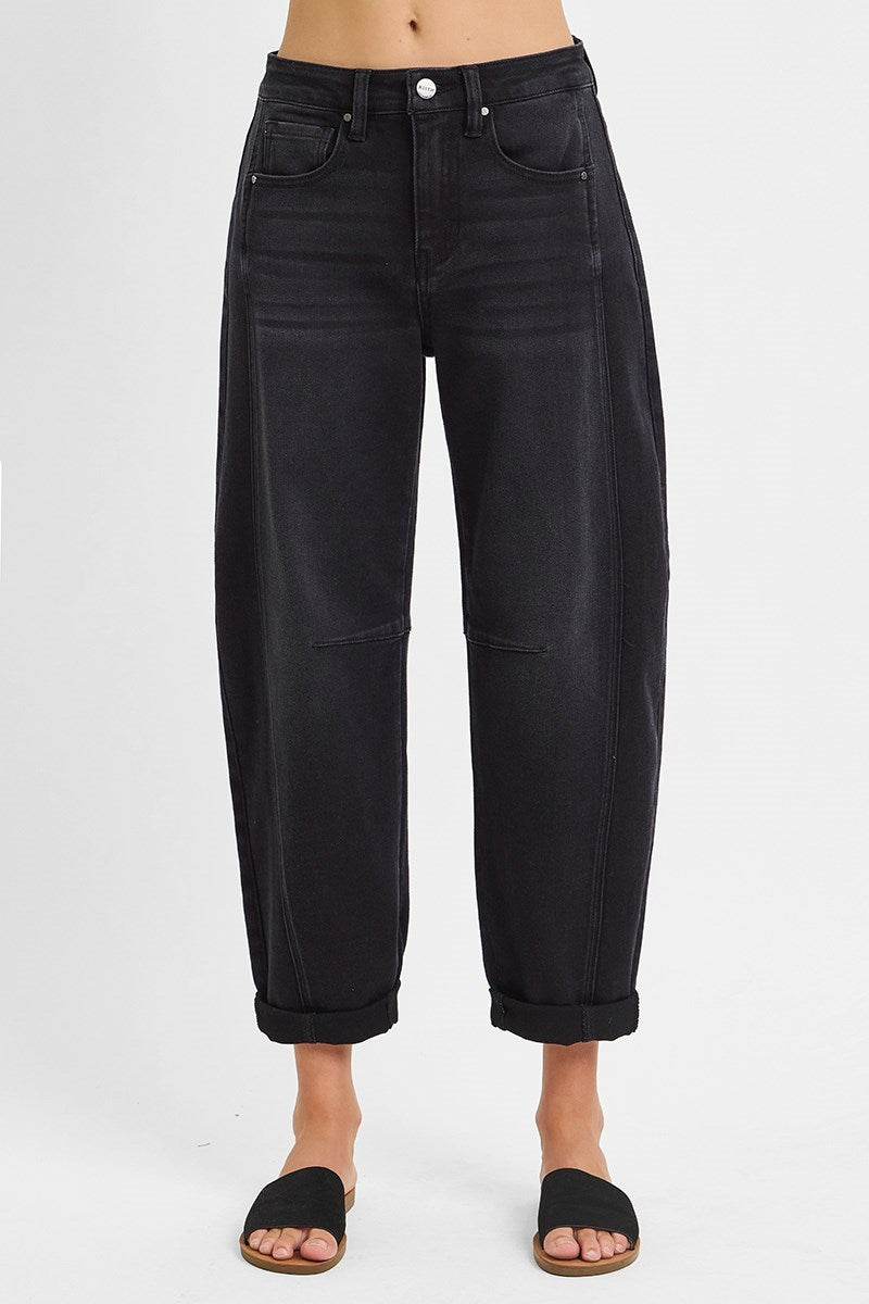 Risen HighRise Cuff Black Barrel Jeans