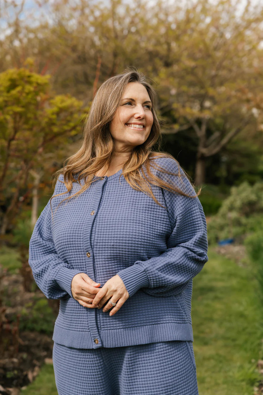 Megan Waffle Cardigan - Slate Blue