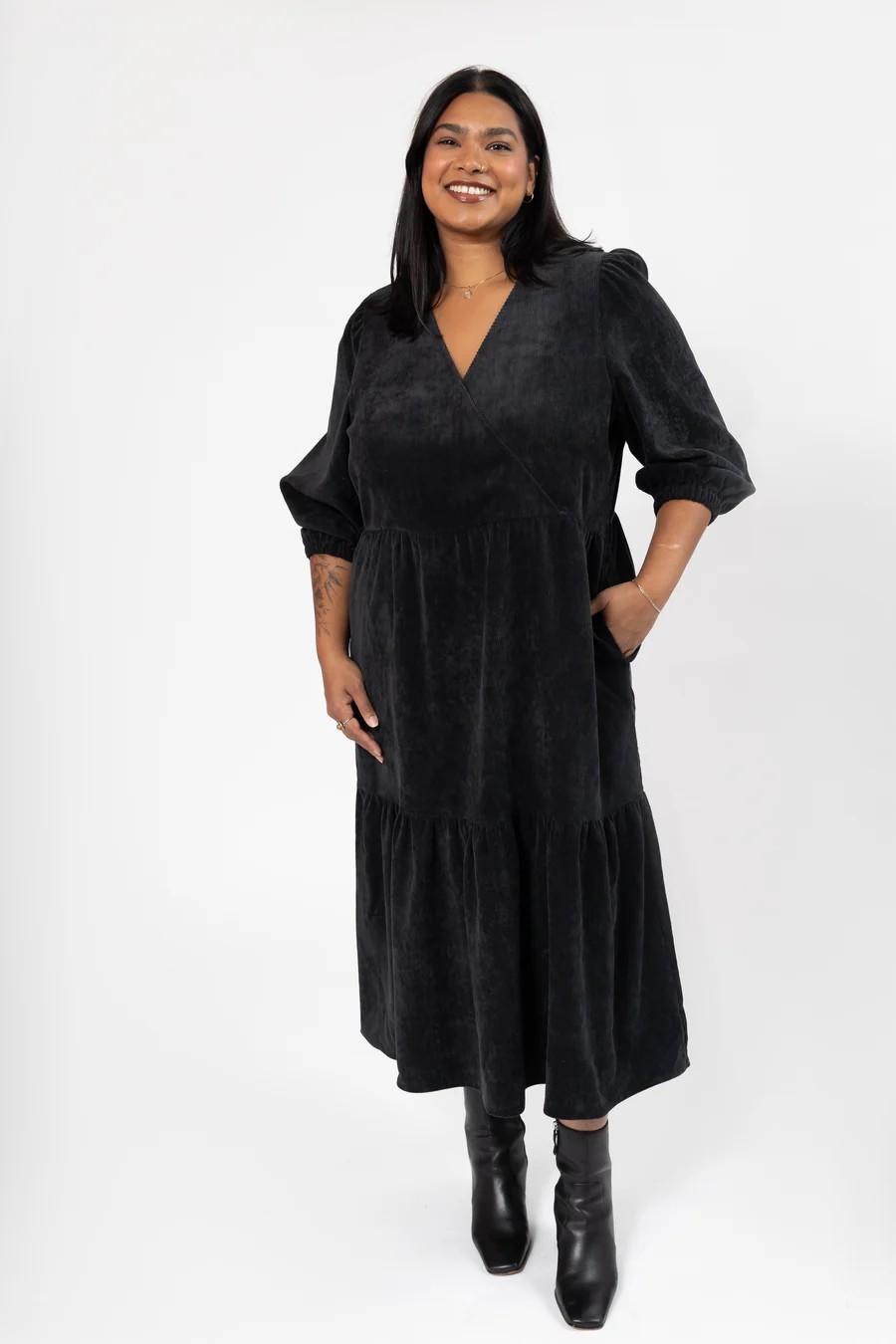 Calista Corduroy Midi Dress in Soft Black