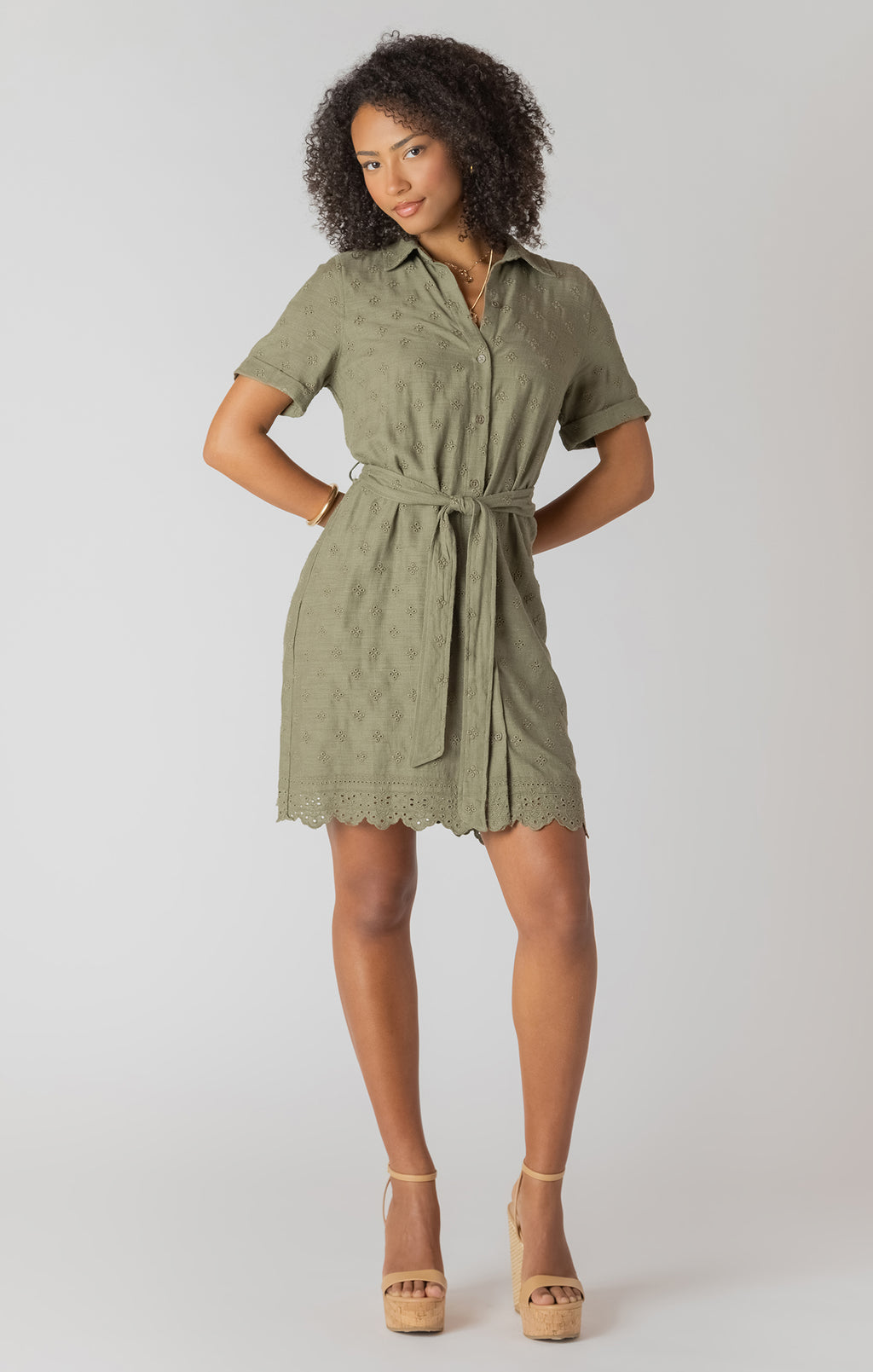 Linen Eyelet Hem Shirt Dress