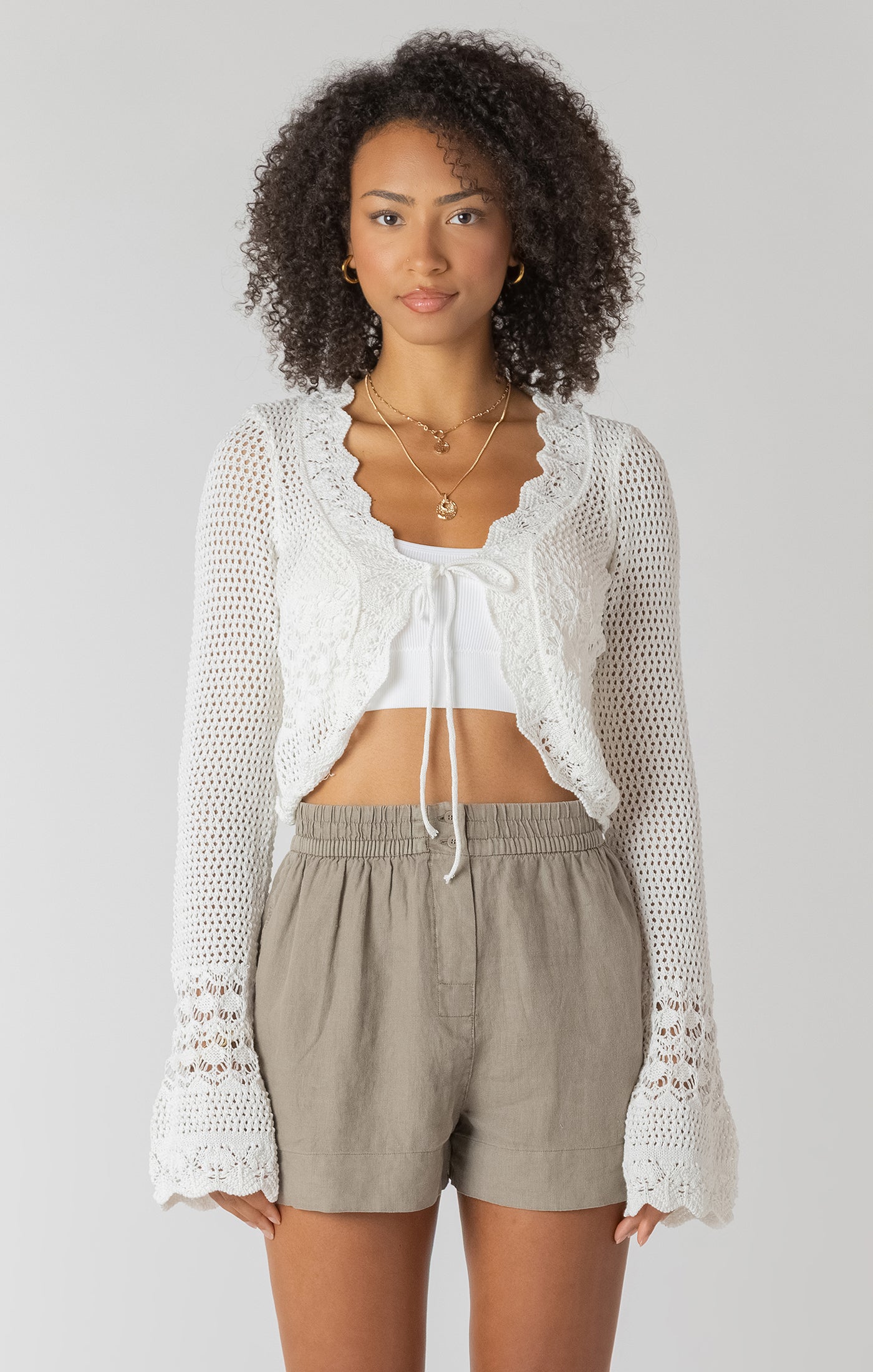 Tina Tied Crochet Cardigan - Cream