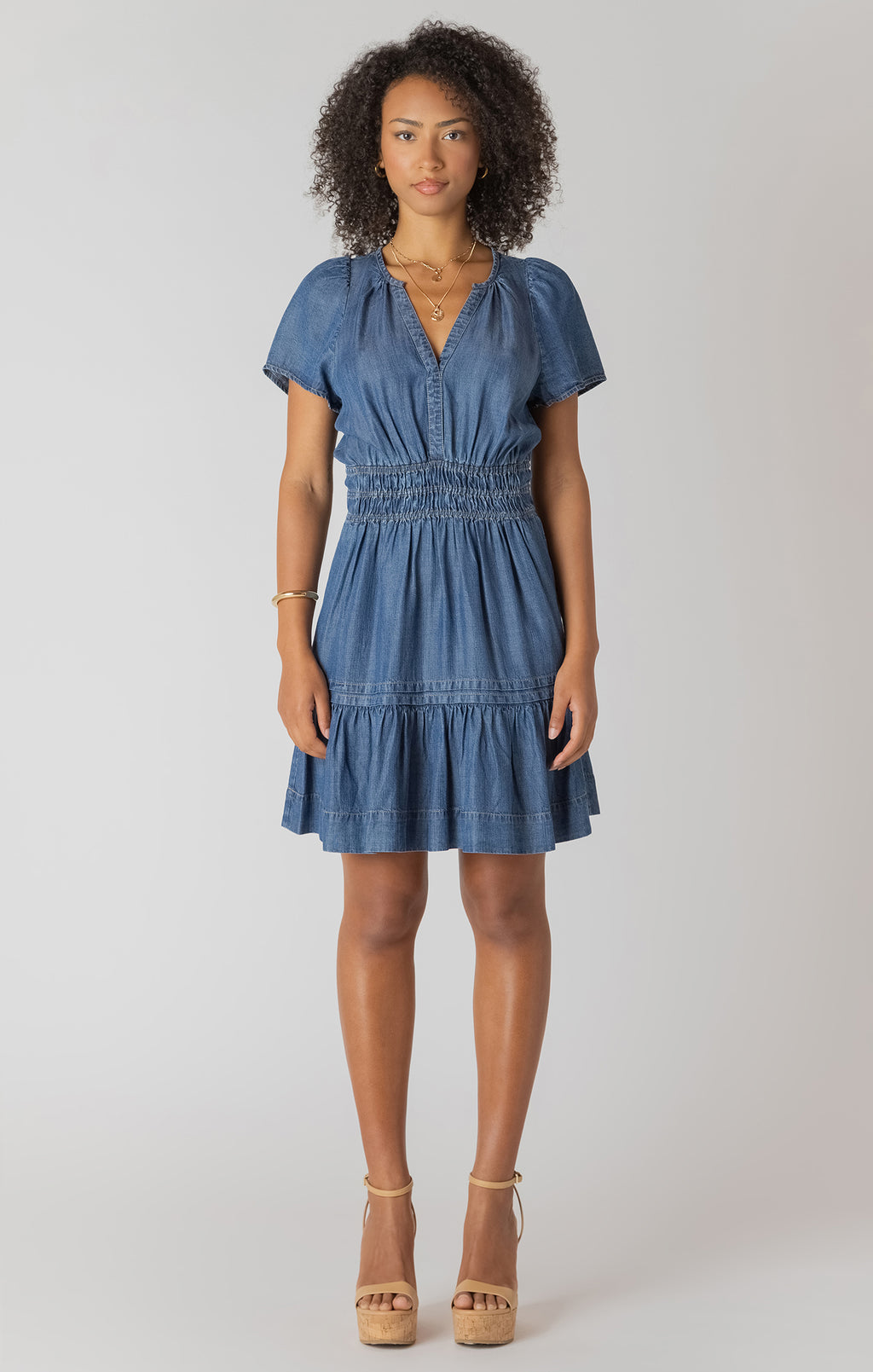 Smocked Waist Denim Mini Dress