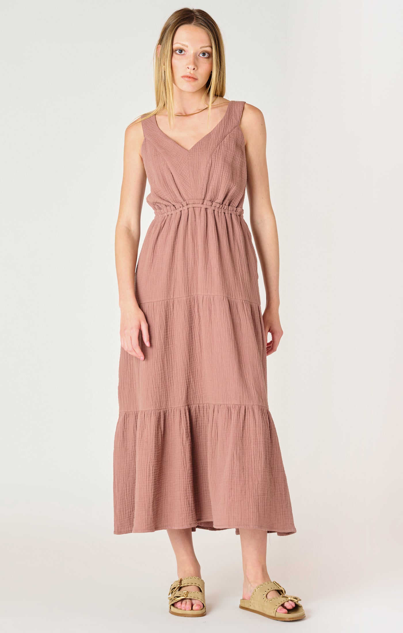 TEXTURED TIERED MIDI DRESS
