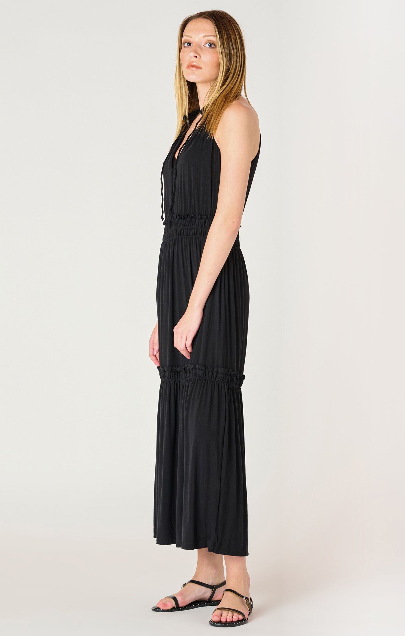 SOFT TIERED MIDI DRESS- BLACK